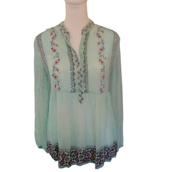 Antik Batik Tops - Antik Batik mint green silk top bohemian embroidered long sleeve size M
